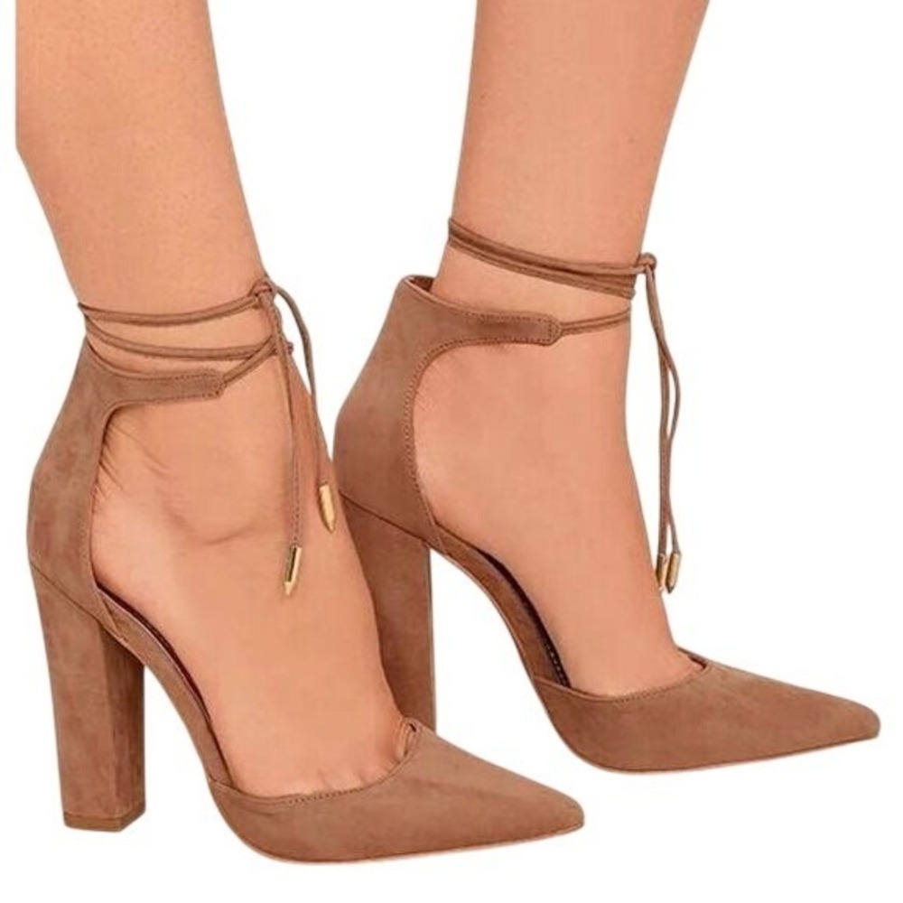 Lulus Women's Size 8.5 Angela Taupe Suede‎ Lace-Up Heels Ankle Wrap Pointed Toe